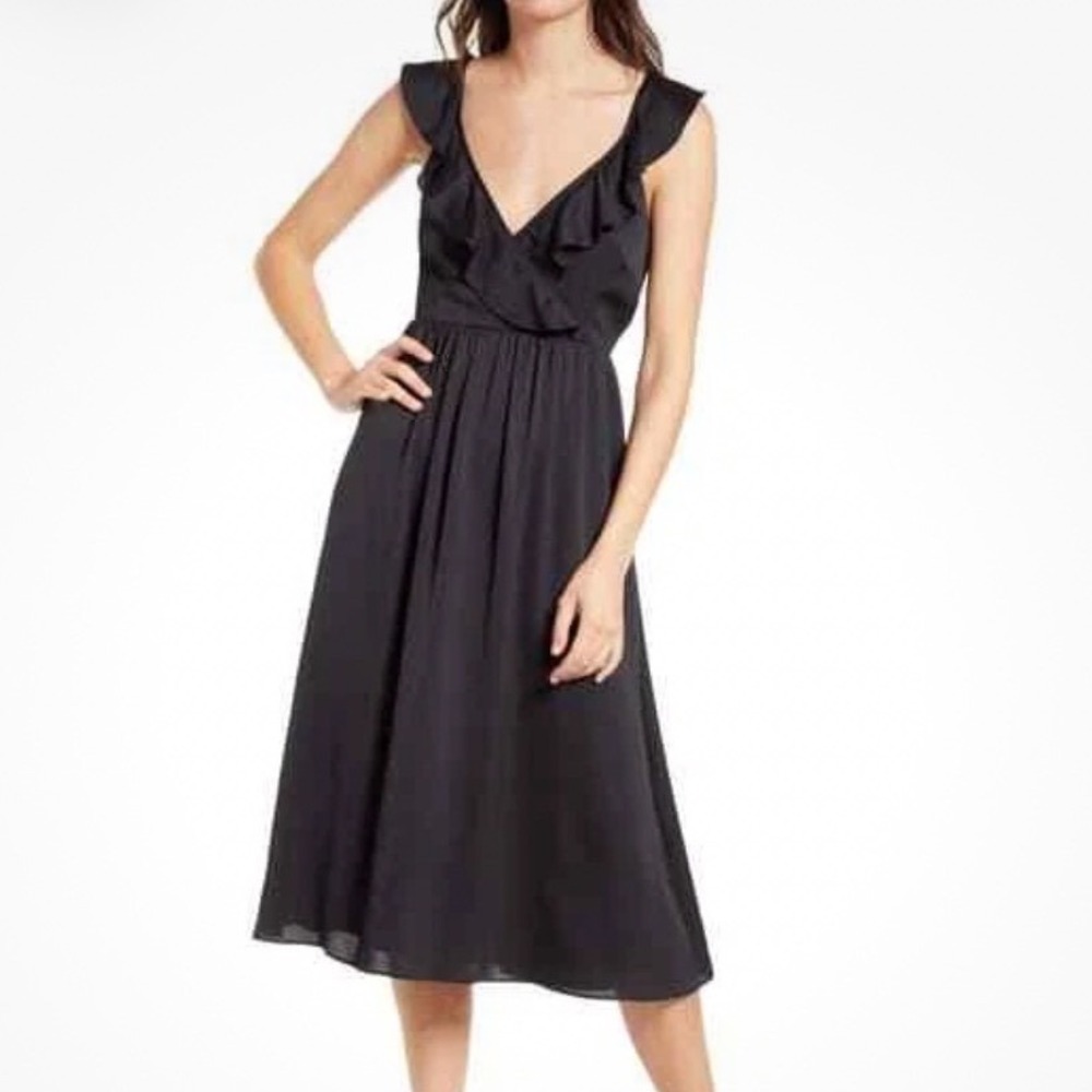 NWT Madewell Satin‎ Ruffle V Neck Criss Cross Midi Dress Womens 0 Black Party